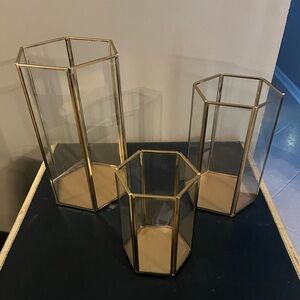 Set of 3 Gold Metal and Glass Hexagonal Candle Holders